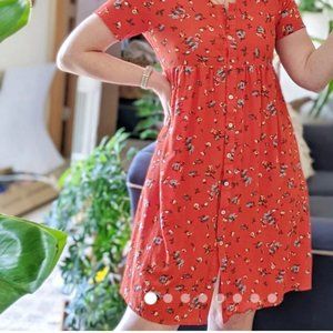Red floral print dress with pockets